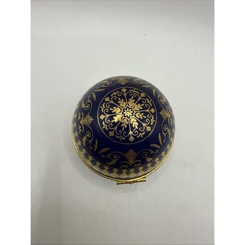 Vintage Estee Lauder Cobalt Blue Ball Trinket Box Gold Accents *
